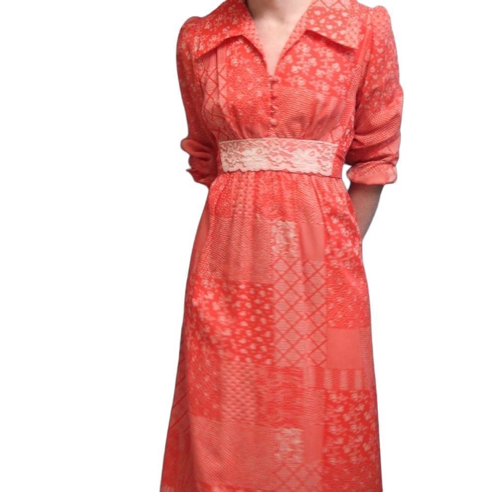 Amazing handmade vintage red and white hand sewn maxi dress with lace and detail